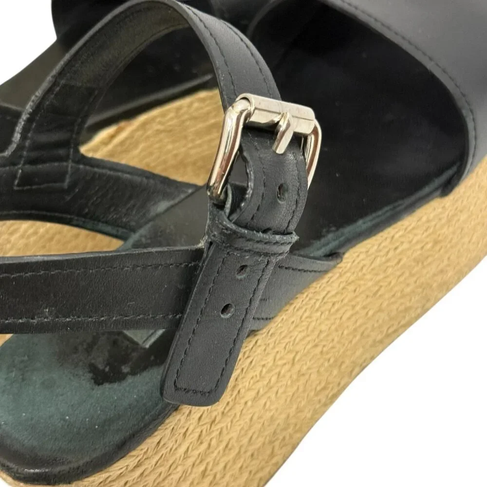 Prada Platform Espadrille Sandals Black Leather Open Toe Size EU 36.5/ US 6.5 - Picture 12 of 16